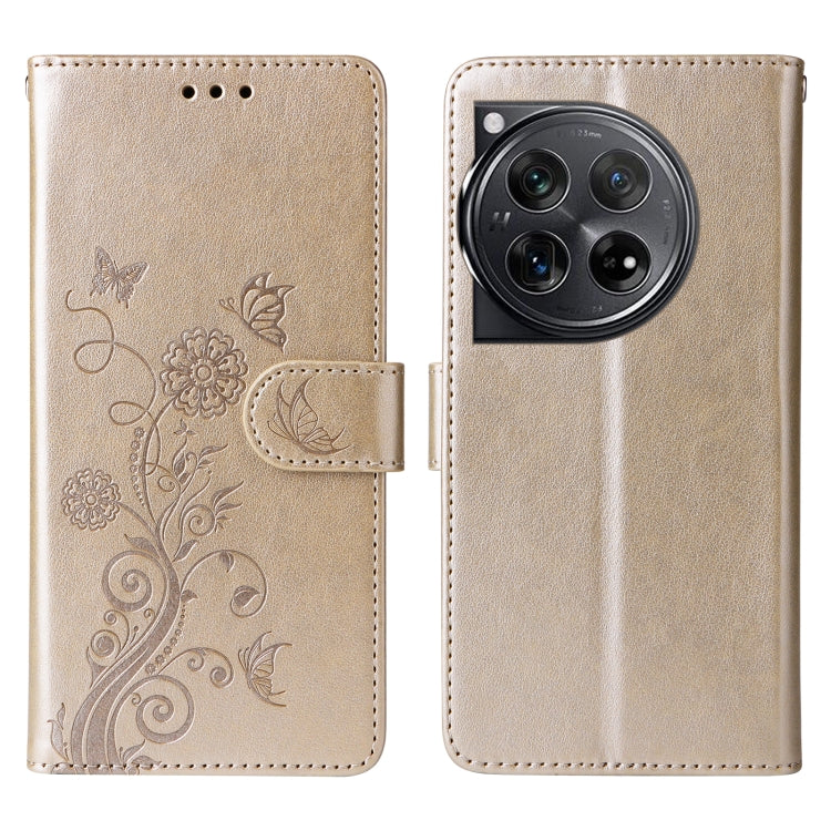 For OnePlus 12 Embossed Butterfly Flowers Leather Phone Case(Gold) - OnePlus Cases by buy2fix | Online Shopping UK | buy2fix