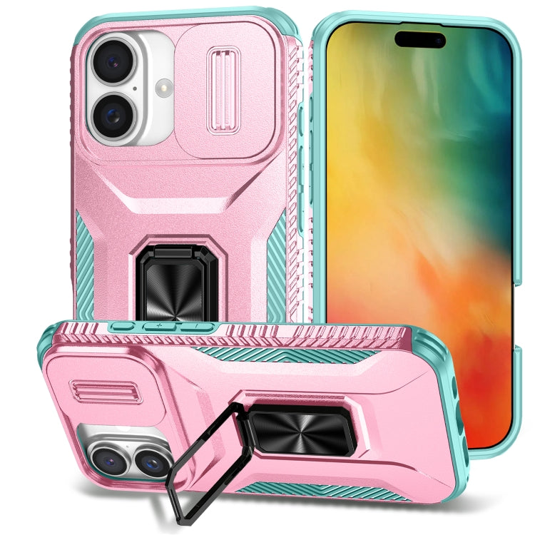 For iPhone 16 Sliding Camshield Holder Phone Case(Pink + Grey Green) - iPhone 16 Cases by buy2fix | Online Shopping UK | buy2fix