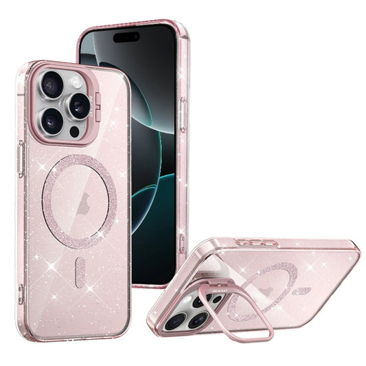 For iPhone 16 Pro Shiny Shield MagSafe Lens Holder Phone Case(Pink) - iPhone 16 Pro Cases by buy2fix | Online Shopping UK | buy2fix