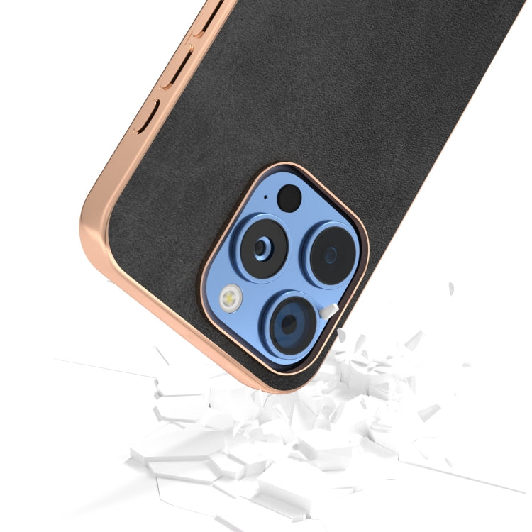 For iPhone 16 Pro Max Nano Electroplating Dual Color Cowhide Texture Protective Phone Case(Black) - iPhone 16 Pro Max Cases by buy2fix | Online Shopping UK | buy2fix