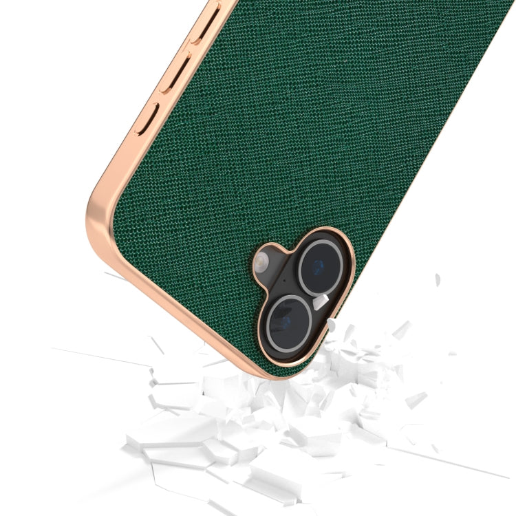 For iPhone 16 Plus ABEEL Electroplating Frame Cross Texture Genuine Leather Phone Case(Green) - iPhone 16 Plus Cases by buy2fix | Online Shopping UK | buy2fix