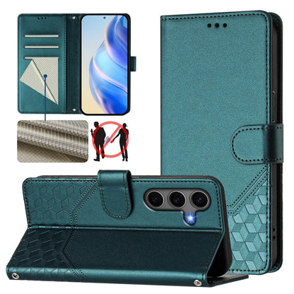 For Samsung Galaxy S25 5G Honeycomb Embossing RFID Leather Phone Case(Peacock Green) - Galaxy S25 5G Cases by buy2fix | Online Shopping UK | buy2fix