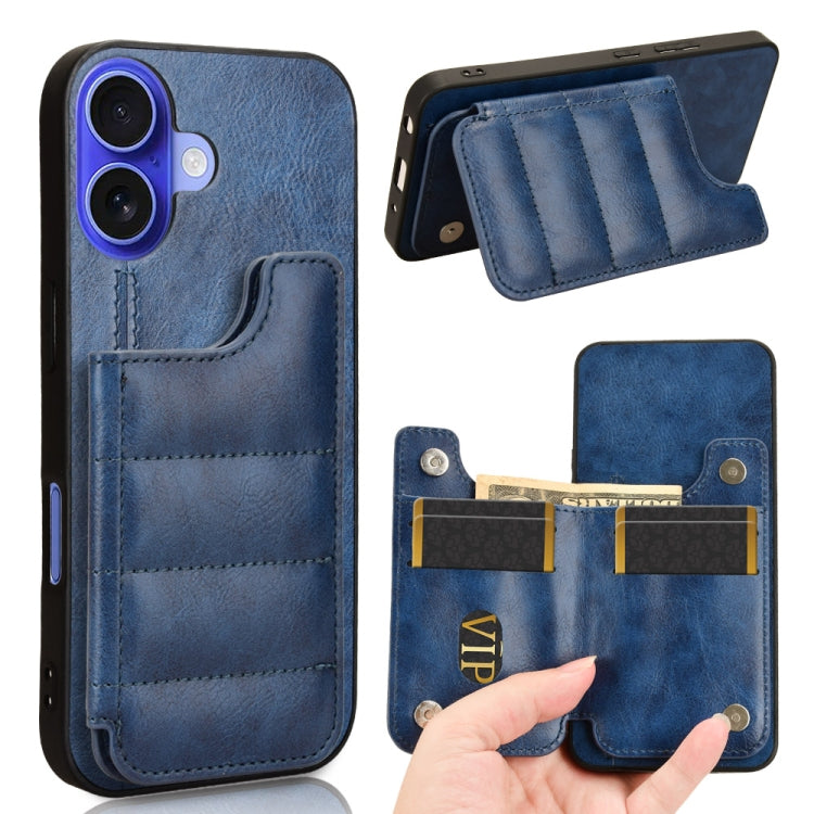 For iPhone 16 Plus Cow Pattern Sewing Card Bag Phone Case(Blue) - iPhone 16 Plus Cases by buy2fix | Online Shopping UK | buy2fix