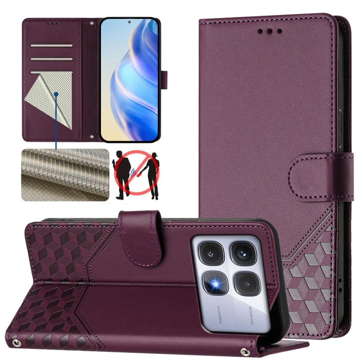 For Redmi K70 Ultra 5G Honeycomb Embossing RFID Leather Phone Case(Violet) - Xiaomi Cases by buy2fix | Online Shopping UK | buy2fix