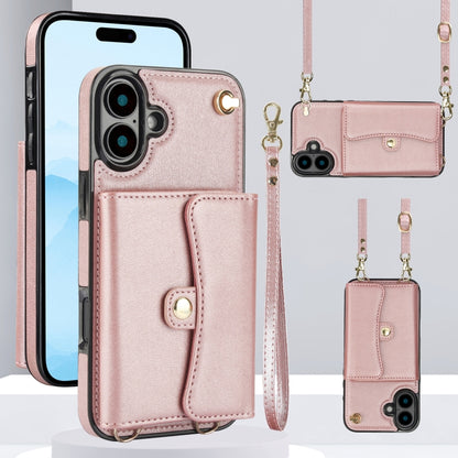 For iPhone 16 RFID Card Slot Phone Case with Long Lanyard(Rose Gold) - iPhone 16 Cases by buy2fix | Online Shopping UK | buy2fix