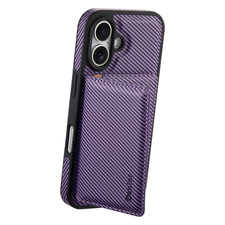 For iPhone 16 Plus Denior Carbon Fiber Texture Leather Card Bag MagSafe Phone Case(Purple) - iPhone 16 Plus Cases by Denior | Online Shopping UK | buy2fix