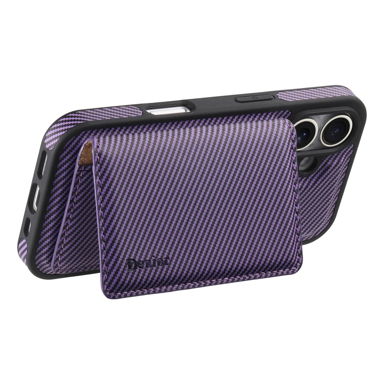 For iPhone 16 Plus Denior Carbon Fiber Texture Leather Card Bag MagSafe Phone Case(Purple) - iPhone 16 Plus Cases by Denior | Online Shopping UK | buy2fix