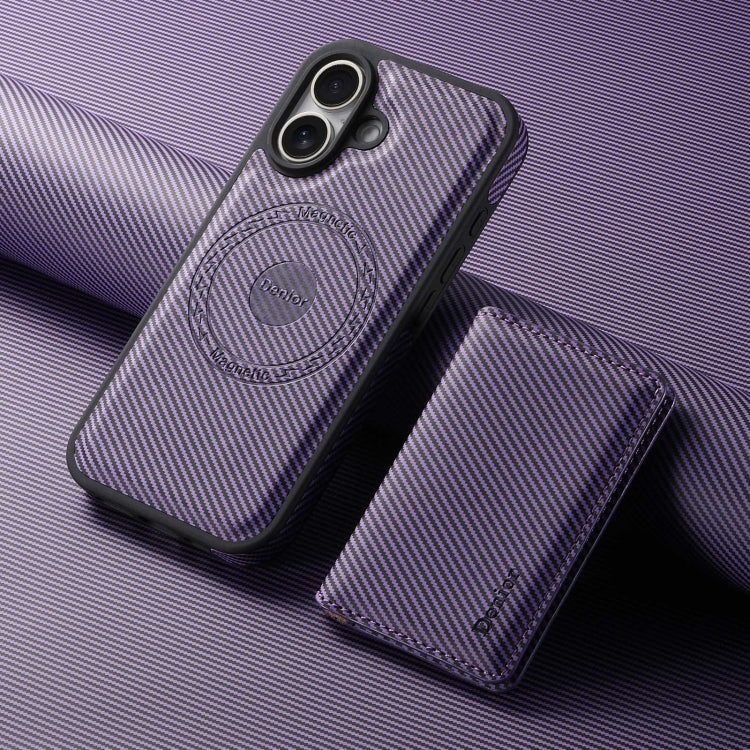 For iPhone 16 Plus Denior Carbon Fiber Texture Leather Card Bag MagSafe Phone Case(Purple) - iPhone 16 Plus Cases by Denior | Online Shopping UK | buy2fix