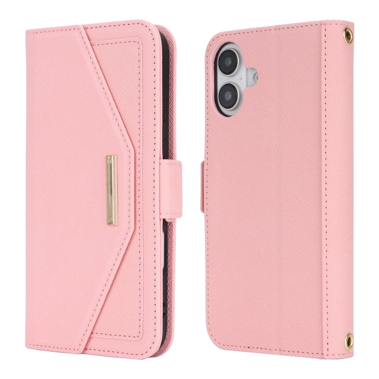 For iPhone 16 Plus Cross Texture Crossbody Lanyard Leather Phone Case(Pink) - iPhone 16 Plus Cases by buy2fix | Online Shopping UK | buy2fix