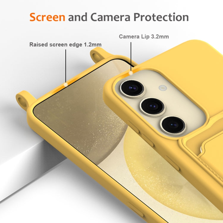 For Samsung Galaxy S25 5G Integrated Card Bag Solid Color Liquid Silicone Phone Case with Lanyard(Yellow) - Galaxy S25 5G Cases by buy2fix | Online Shopping UK | buy2fix