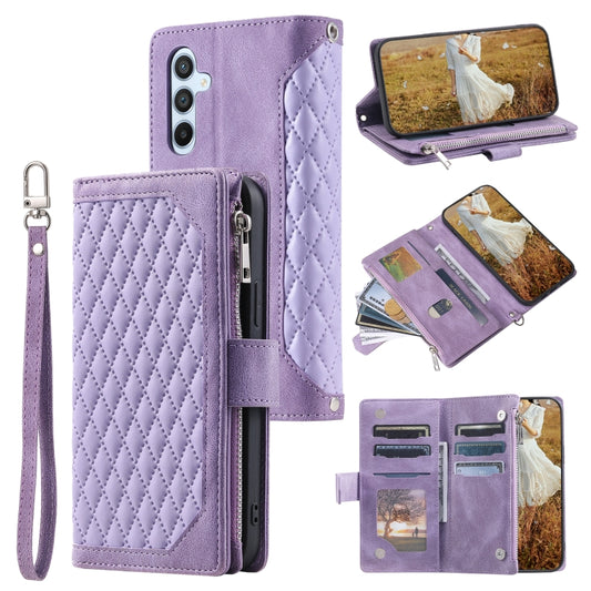 For Samsung Galaxy S25 5G Grid Texture Zipper Leather Phone Case with Lanyard(Purple) - Galaxy S25 5G Cases by buy2fix | Online Shopping UK | buy2fix