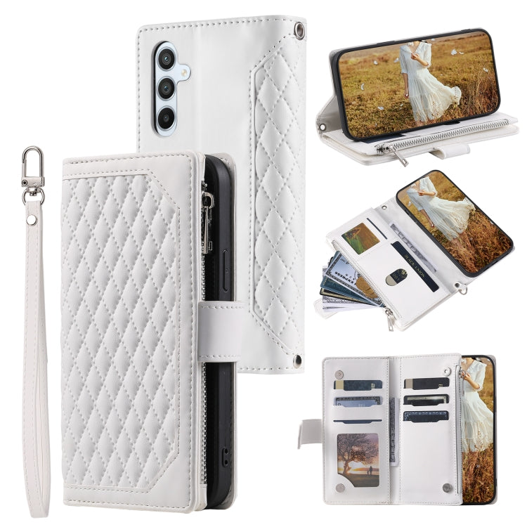 For Samsung Galaxy S25 5G Grid Texture Zipper Leather Phone Case with Lanyard(White) - Galaxy S25 5G Cases by buy2fix | Online Shopping UK | buy2fix