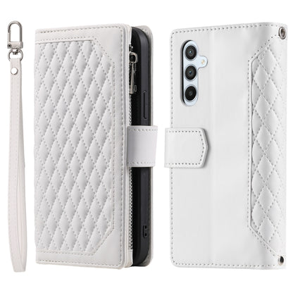 For Samsung Galaxy S25 5G Grid Texture Zipper Leather Phone Case with Lanyard(White) - Galaxy S25 5G Cases by buy2fix | Online Shopping UK | buy2fix