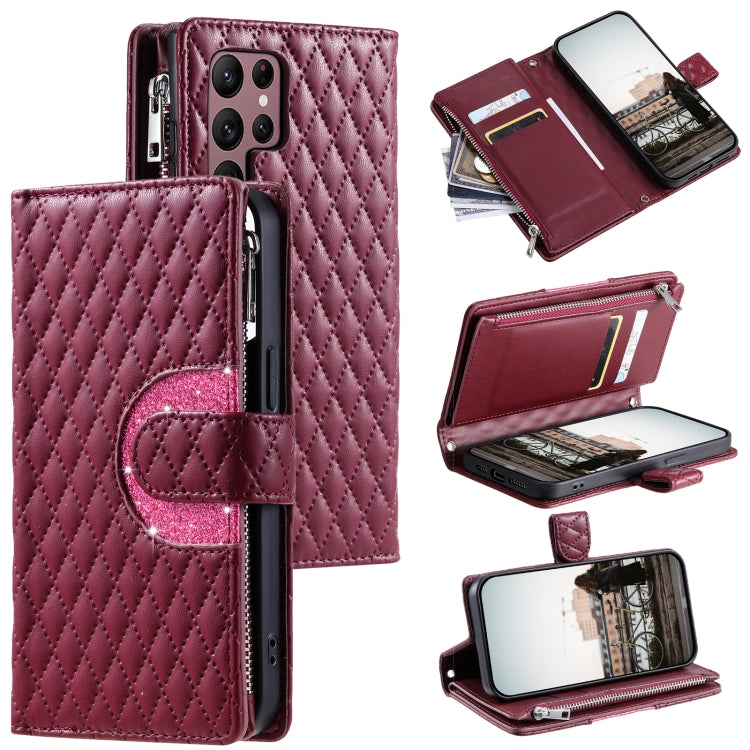 For Samsung Galaxy S25 Ultra 5G Glitter Lattice Zipper Wallet Leather Phone Case(Wine Red) - Galaxy S25 Ultra 5G Cases by buy2fix | Online Shopping UK | buy2fix