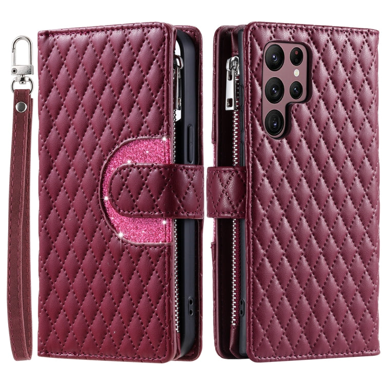 For Samsung Galaxy S25 Ultra 5G Glitter Lattice Zipper Wallet Leather Phone Case(Wine Red) - Galaxy S25 Ultra 5G Cases by buy2fix | Online Shopping UK | buy2fix