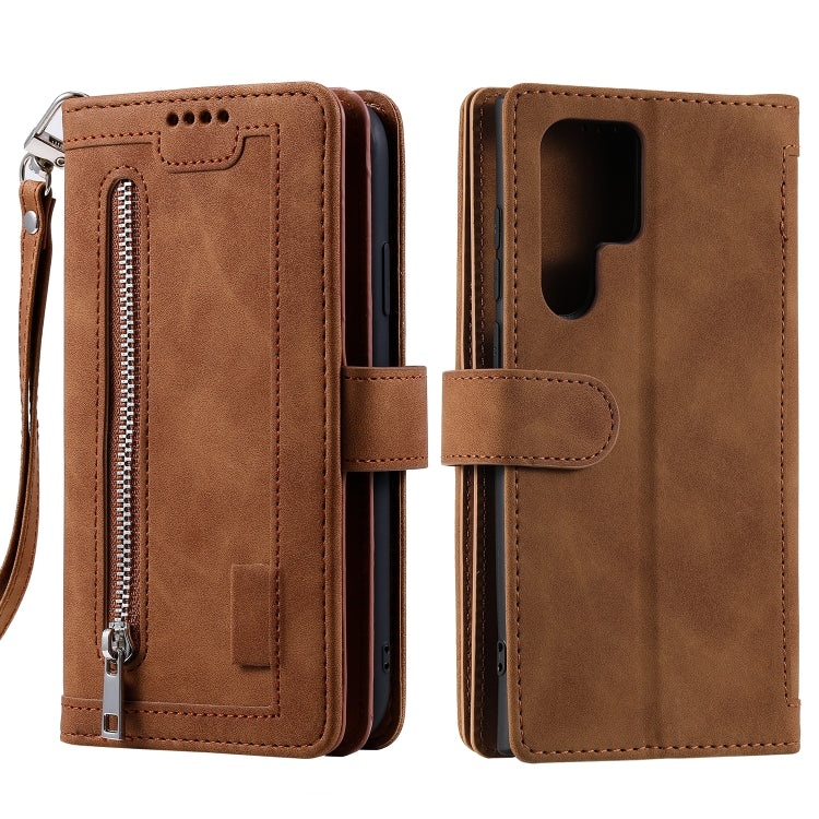 For Samsung Galaxy S25 Ultra 5G Nine Card Zipper Bag Leather Phone Case with Lanyard(Brown) - Galaxy S25 Ultra 5G Cases by buy2fix | Online Shopping UK | buy2fix