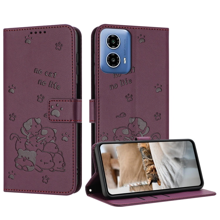 For Motorola Edge 2024 5G Embossed Kitten Phone Leather Case with Lanyard(Wine Red) - Motorola Cases by buy2fix | Online Shopping UK | buy2fix