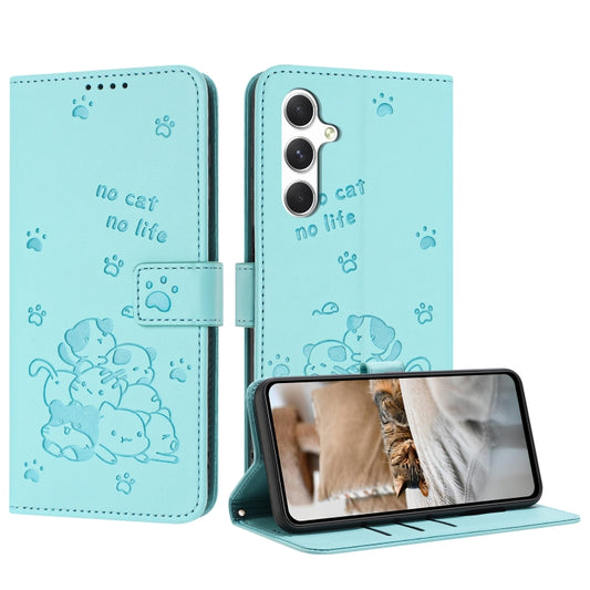 For Samsung Galaxy S25+ / S24+ 5G Embossed Kitten Phone Leather Case with Lanyard(Mint Green) - Galaxy S24+ 5G Cases by buy2fix | Online Shopping UK | buy2fix