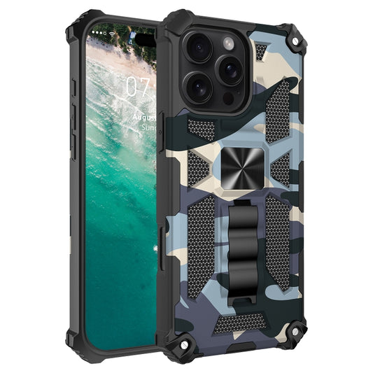 For iPhone 16 Pro Max Camouflage Armor Kickstand TPU Hybrid PC Magnetic Phone Case(Navy Blue) - iPhone 16 Pro Max Cases by buy2fix | Online Shopping UK | buy2fix