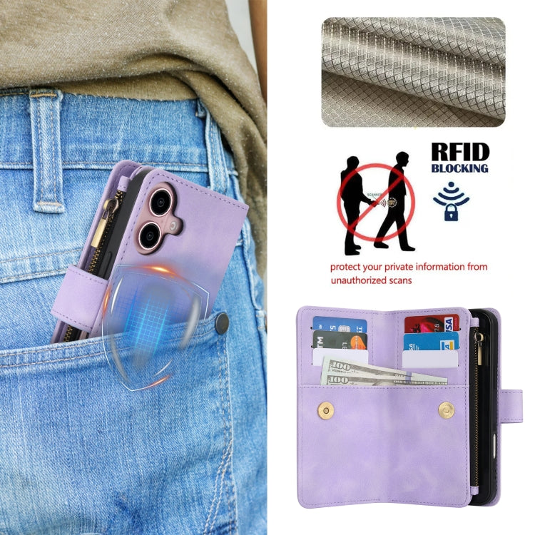 For iPhone 16 Plus Dream 9-Card Zipper Wallet RFID Leather Phone Case with Lanyard(Purple) - iPhone 16 Plus Cases by buy2fix | Online Shopping UK | buy2fix