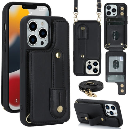 For iPhone 16 Pro Max Wristband Vertical Flip Wallet Back Cover Phone Case with Long Lanyard(Black) - iPhone 16 Pro Max Cases by buy2fix | Online Shopping UK | buy2fix