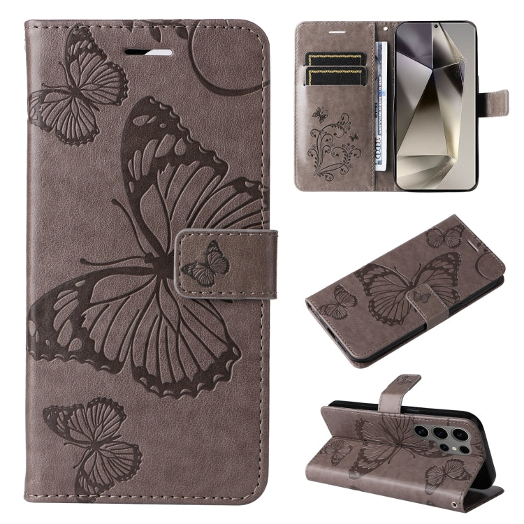 For Samsung Galaxy S25 Ultra 5G 3D Butterfly Embossed Pattern Flip Leather Phone Case(Grey) - Galaxy S25 Ultra 5G Cases by buy2fix | Online Shopping UK | buy2fix