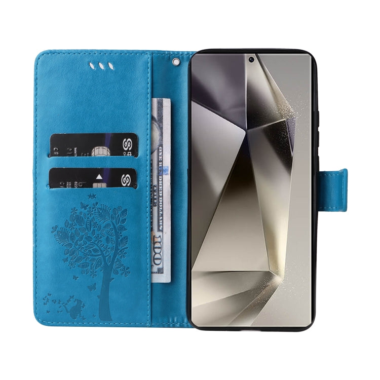 For Samsung Galaxy S25 Ultra 5G Tree & Cat Embossed Pattern Flip Leather Phone Case(Blue) - Galaxy S25 Ultra 5G Cases by buy2fix | Online Shopping UK | buy2fix