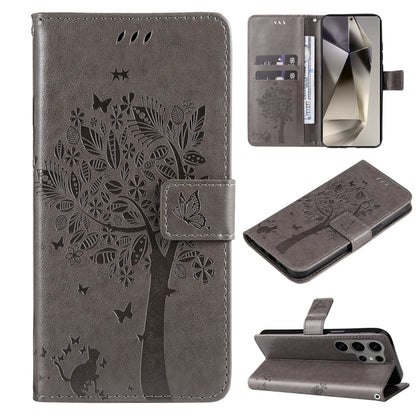 For Samsung Galaxy S25 Ultra 5G Tree & Cat Embossed Pattern Flip Leather Phone Case(Grey) - Galaxy S25 Ultra 5G Cases by buy2fix | Online Shopping UK | buy2fix