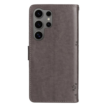 For Samsung Galaxy S25 Ultra 5G Tree & Cat Embossed Pattern Flip Leather Phone Case(Grey) - Galaxy S25 Ultra 5G Cases by buy2fix | Online Shopping UK | buy2fix