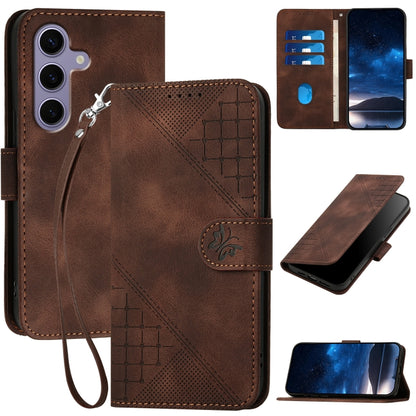 For Samsung Galaxy S25 5G YX0080 Grid Butterfly Embossed Pattern Flip Leather Phone Case with Lanyard(Coffee) - Galaxy S25 5G Cases by buy2fix | Online Shopping UK | buy2fix