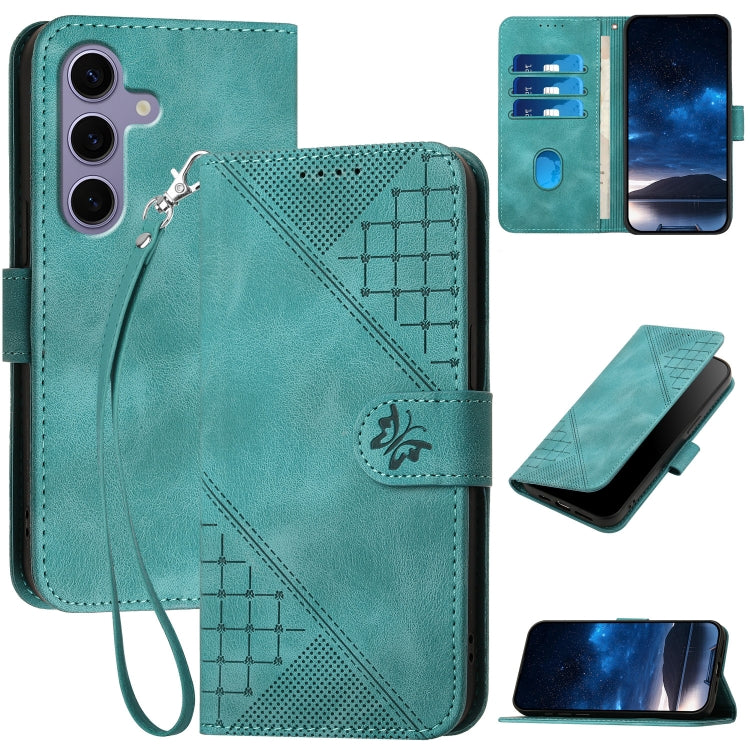 For Samsung Galaxy S25 5G YX0080 Grid Butterfly Embossed Pattern Flip Leather Phone Case with Lanyard(Light Blue) - Galaxy S25 5G Cases by buy2fix | Online Shopping UK | buy2fix