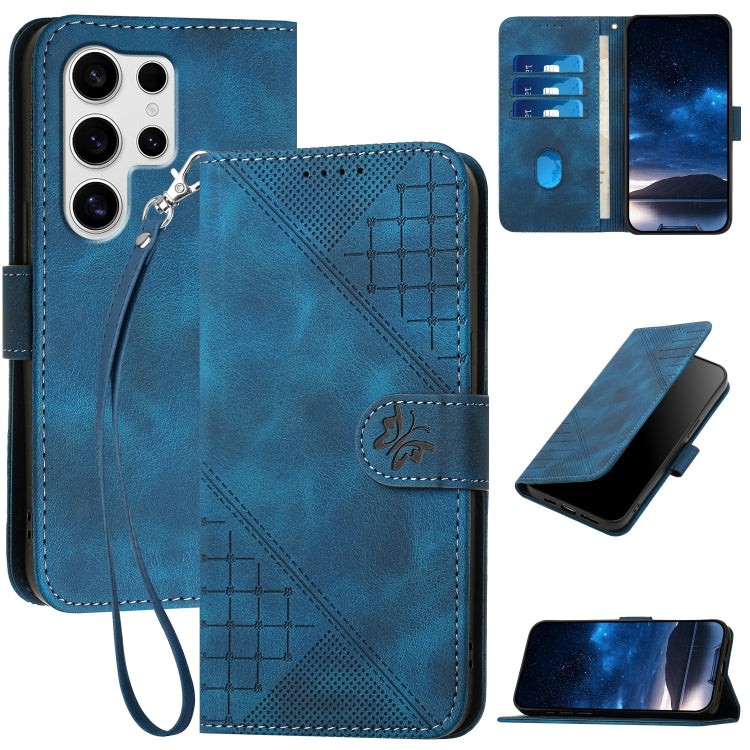 For Samsung Galaxy S25 Ultra 5G YX0080 Grid Butterfly Embossed Pattern Flip Leather Phone Case with Lanyard(Dark Blue) - Galaxy S25 Ultra 5G Cases by buy2fix | Online Shopping UK | buy2fix