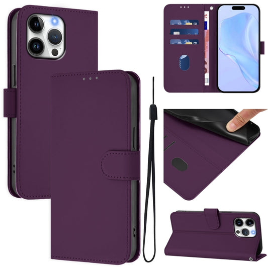 For iPhone 16 Pro Max Skin Feel Solid Color Leather Phone Case with Lanyard(Violet) - iPhone 16 Pro Max Cases by buy2fix | Online Shopping UK | buy2fix