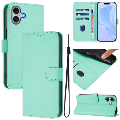 For iPhone 16 Plus Skin Feel Solid Color Leather Phone Case with Lanyard(Mint Green) - iPhone 16 Plus Cases by buy2fix | Online Shopping UK | buy2fix