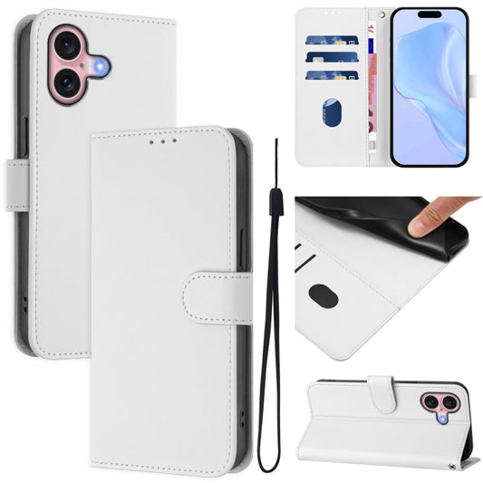 For iPhone 16 Skin Feel Solid Color Leather Phone Case with Lanyard(White) - iPhone 16 Cases by buy2fix | Online Shopping UK | buy2fix