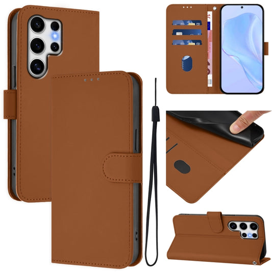 For Samsung Galaxy S25 Ultra 5G Skin Feel Solid Color Leather Phone Case with Lanyard(Brown) - Galaxy S25 Ultra 5G Cases by buy2fix | Online Shopping UK | buy2fix