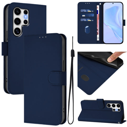 For Samsung Galaxy S25 Ultra 5G Skin Feel Solid Color Leather Phone Case with Lanyard(Navy Blue) - Galaxy S25 Ultra 5G Cases by buy2fix | Online Shopping UK | buy2fix