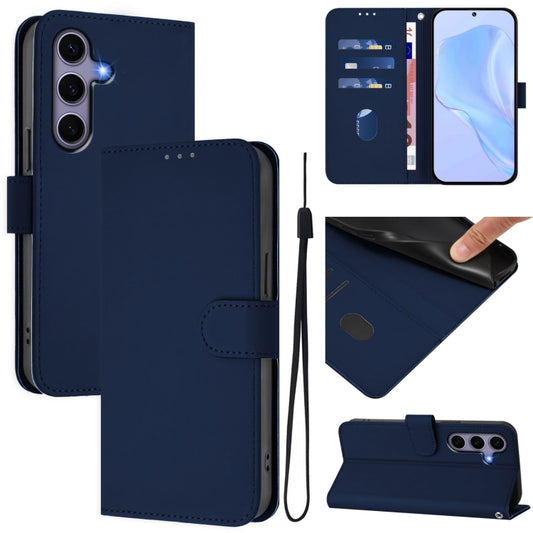 For Samsung Galaxy S25 5G Skin Feel Solid Color Leather Phone Case with Lanyard(Navy Blue) - Galaxy S25 5G Cases by buy2fix | Online Shopping UK | buy2fix