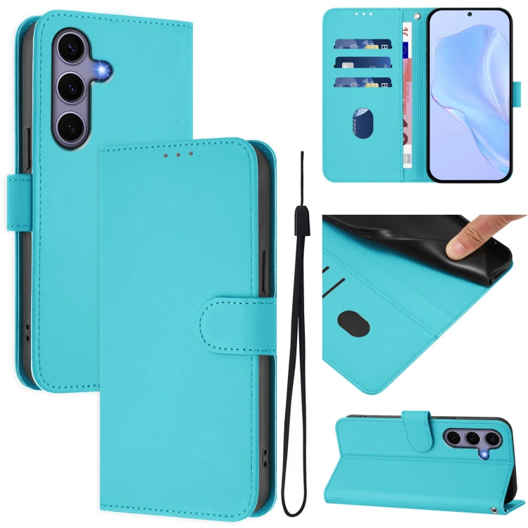 For Samsung Galaxy S25 5G Skin Feel Solid Color Leather Phone Case with Lanyard(Lake Blue) - Galaxy S25 5G Cases by buy2fix | Online Shopping UK | buy2fix