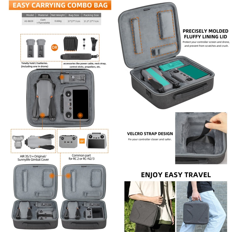 For DJI Air 3S / Air 3 Sunnylife Carrying Case Bag, Model:B657 RC 2 / 1 Control Bag - Carry Cases & Bags by Sunnylife | Online Shopping UK | buy2fix