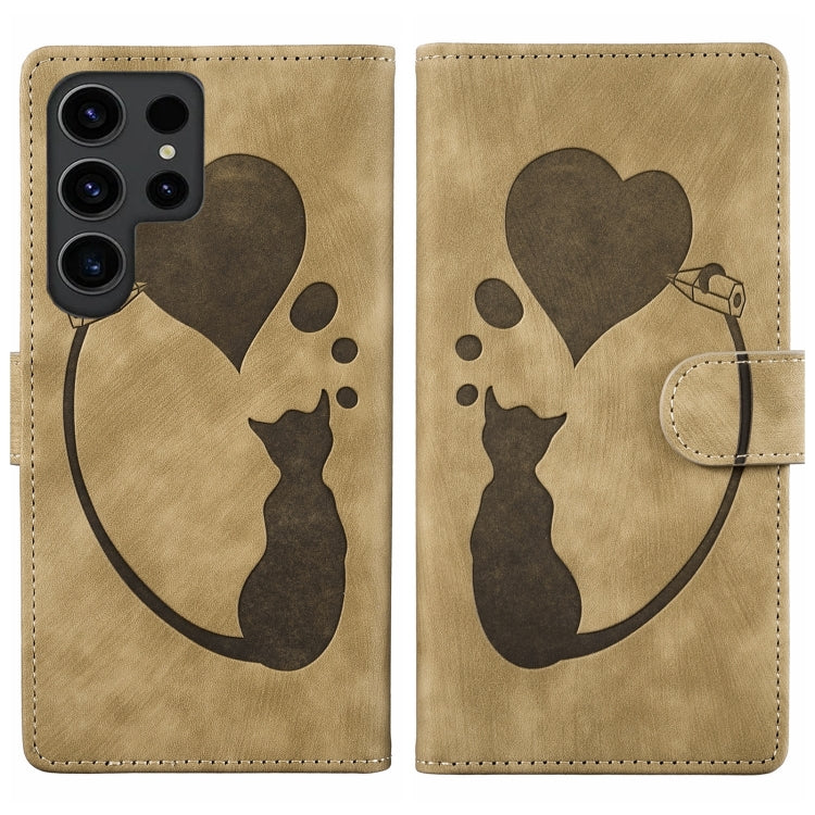 For Samsung Galaxy S25 Ultra 5G Pen Heart Cat Embossed Leather Phone Case(Apricot) - Galaxy S25 Ultra 5G Cases by buy2fix | Online Shopping UK | buy2fix