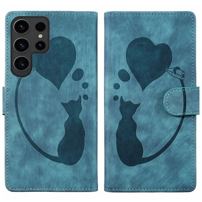 For Samsung Galaxy S25 Ultra 5G Pen Heart Cat Embossed Leather Phone Case(Blue) - Galaxy S25 Ultra 5G Cases by buy2fix | Online Shopping UK | buy2fix