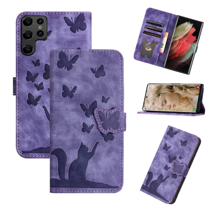 For Samsung Galaxy S25 Ultra 5G Butterfly Cat Embossing Flip Leather Phone Case(Purple) - Galaxy S25 Ultra 5G Cases by buy2fix | Online Shopping UK | buy2fix