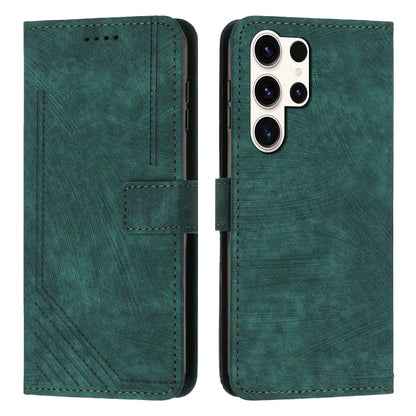 For Samsung Galaxy S25 Ultra 5G Skin Feel Stripe Pattern Leather Phone Case with Long Lanyard(Green) - Galaxy S25 Ultra 5G Cases by buy2fix | Online Shopping UK | buy2fix