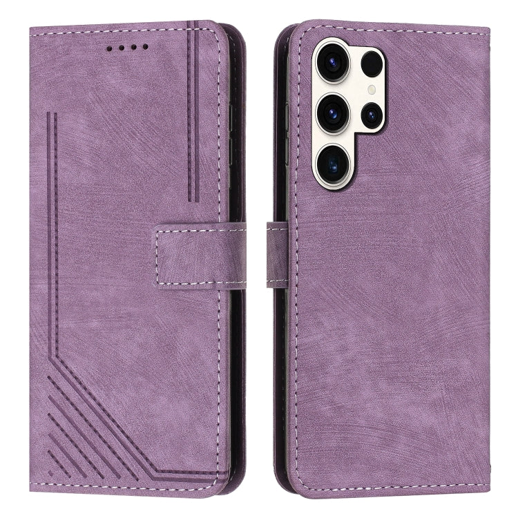 For Samsung Galaxy S25 Ultra 5G Skin Feel Stripe Pattern Leather Phone Case with Long Lanyard(Purple) - Galaxy S25 Ultra 5G Cases by buy2fix | Online Shopping UK | buy2fix