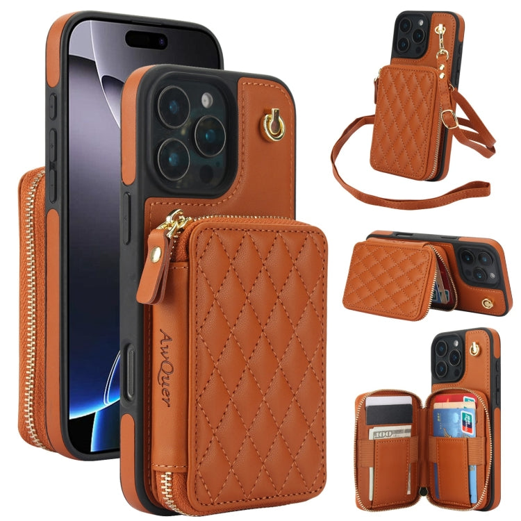 For iPhone 16 Pro Max AwQuer Crossbody Zipper Wallet Rhombic Leather Back Phone Case(Brown) - iPhone 16 Pro Max Cases by Awquer | Online Shopping UK | buy2fix