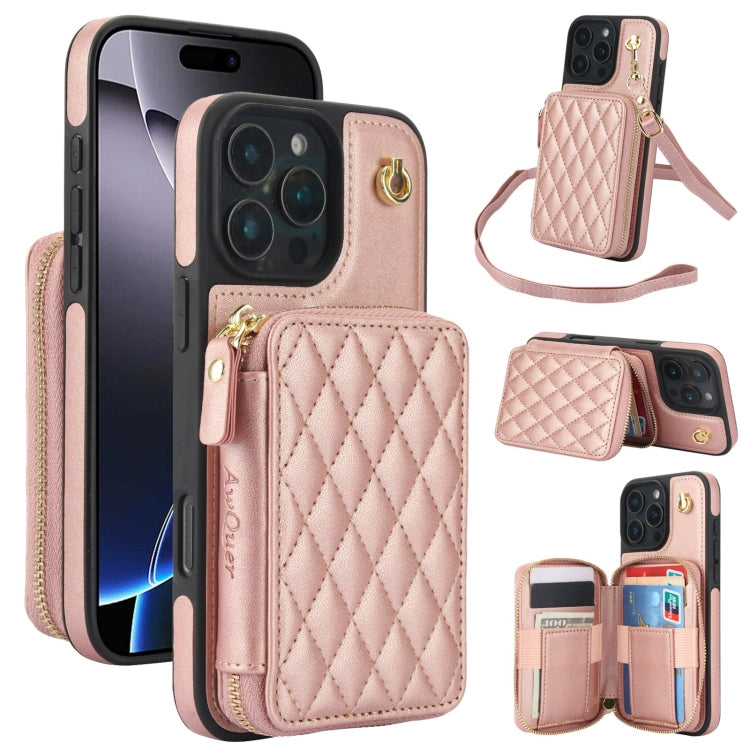 For iPhone 16 Pro AwQuer Crossbody Zipper Wallet Rhombic Leather Back Phone Case(Rose Gold) - iPhone 16 Pro Cases by Awquer | Online Shopping UK | buy2fix