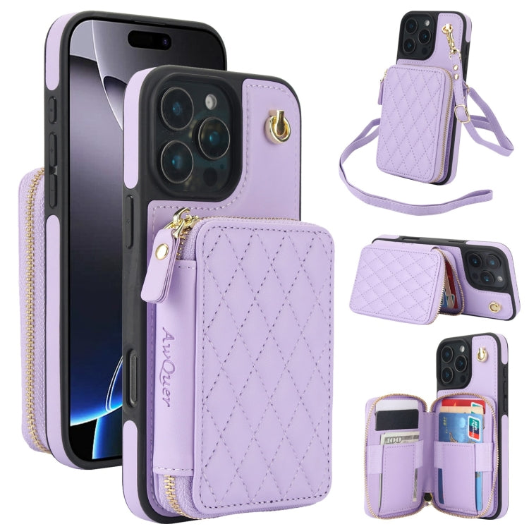 For iPhone 16 Pro AwQuer Crossbody Zipper Wallet Rhombic Leather Back Phone Case(Purple) - iPhone 16 Pro Cases by Awquer | Online Shopping UK | buy2fix