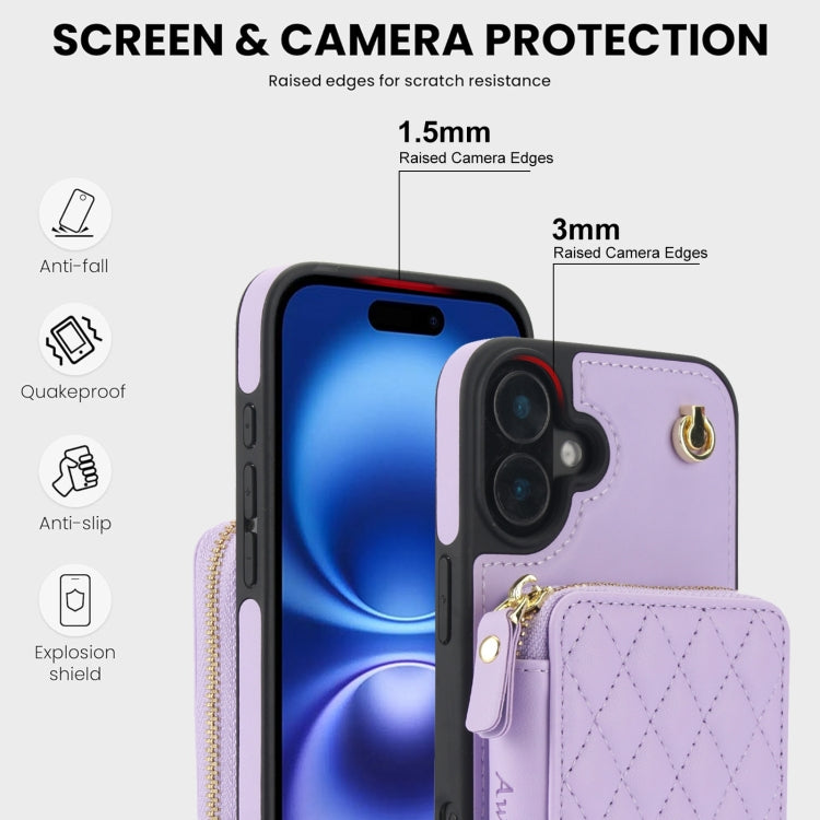 For iPhone 16 AwQuer Crossbody Zipper Wallet Rhombic Leather Back Phone Case(Purple) - iPhone 16 Cases by Awquer | Online Shopping UK | buy2fix