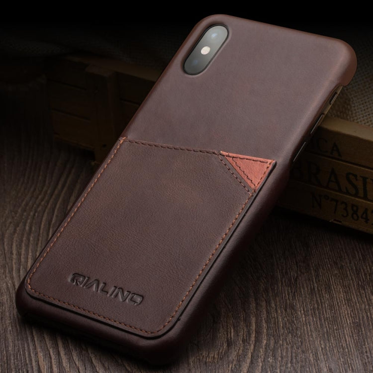 For iPhone X / XS QIALINO Shockproof Cowhide Leather Protective Case with Card Slot(Dark Brown) - More iPhone Cases by QIALINO | Online Shopping UK | buy2fix